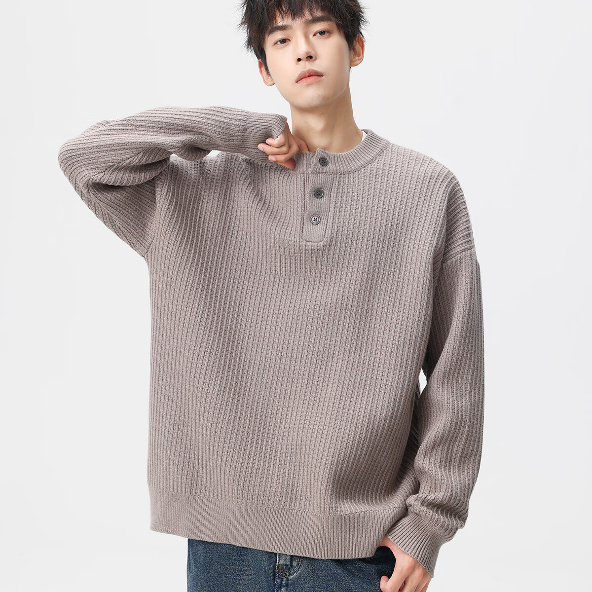 布衣传说 双股坑条打花 秋冬款粗针毛衣男士宽松加厚针织衫线衣服 驼色 XL