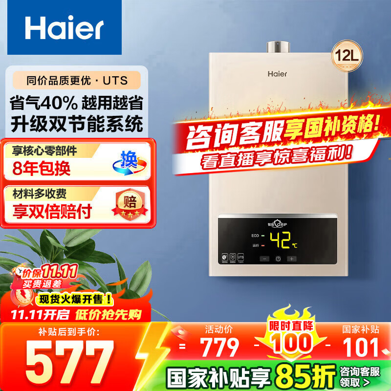 海尔（Haier）燃气热水器天然气家用 恒温强排式节能省气即热洗澡智能变频风机专利防冻上门送货安装咨询有惊喜 12L 【UTS】ECO节能