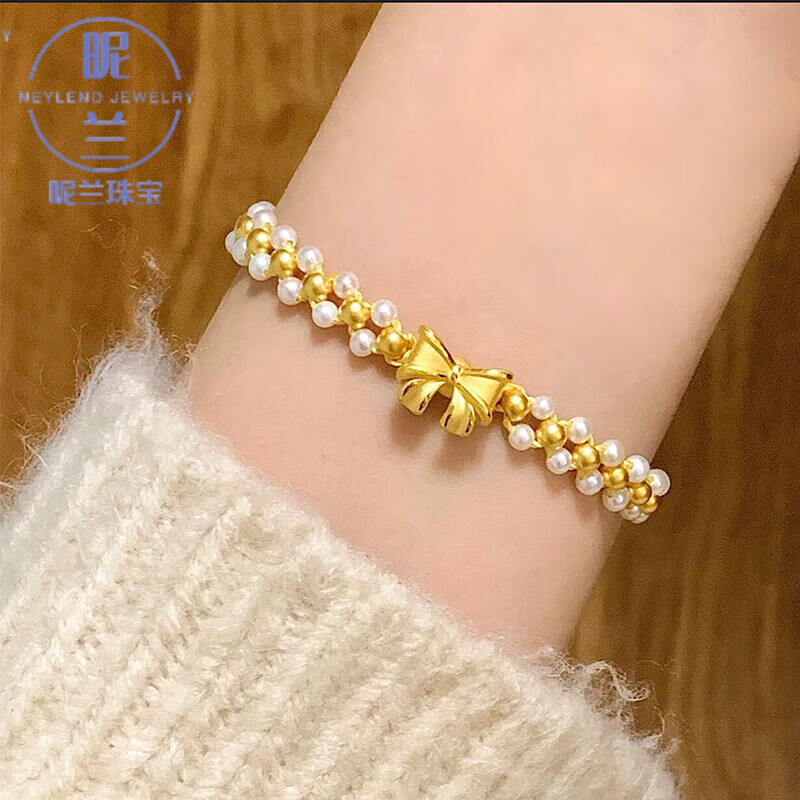 昵兰在逃公主手链古法ll金工艺黄ll金蝴蝶结女金ll珠珍珠编织绳转运