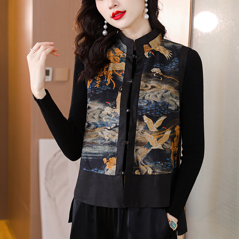 真丝香云纱马甲女春秋款香云纱两面穿马甲女款春秋季女士复古 黑色 m