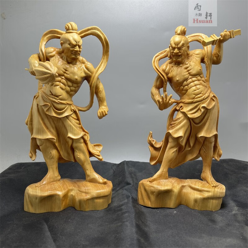 崖柏木雕門神神將擺件哼哈二將護(hù)法神密跡金剛家居客廳裝飾品送禮 崖柏木 高20cm一對