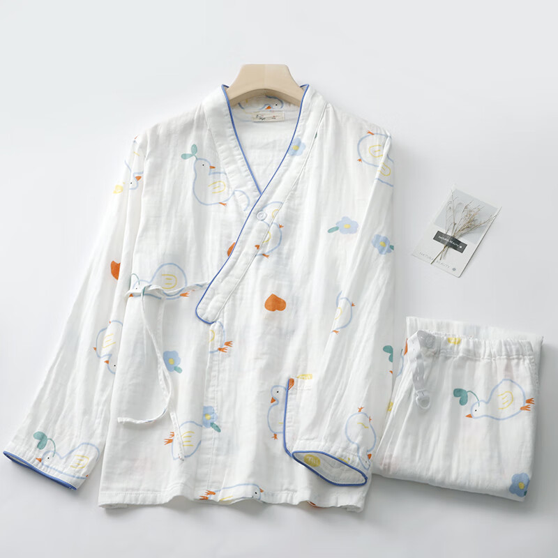 xierwei品质白色棉纱和服睡衣女全棉带扣长袖长裤系绳卡通家居服套装