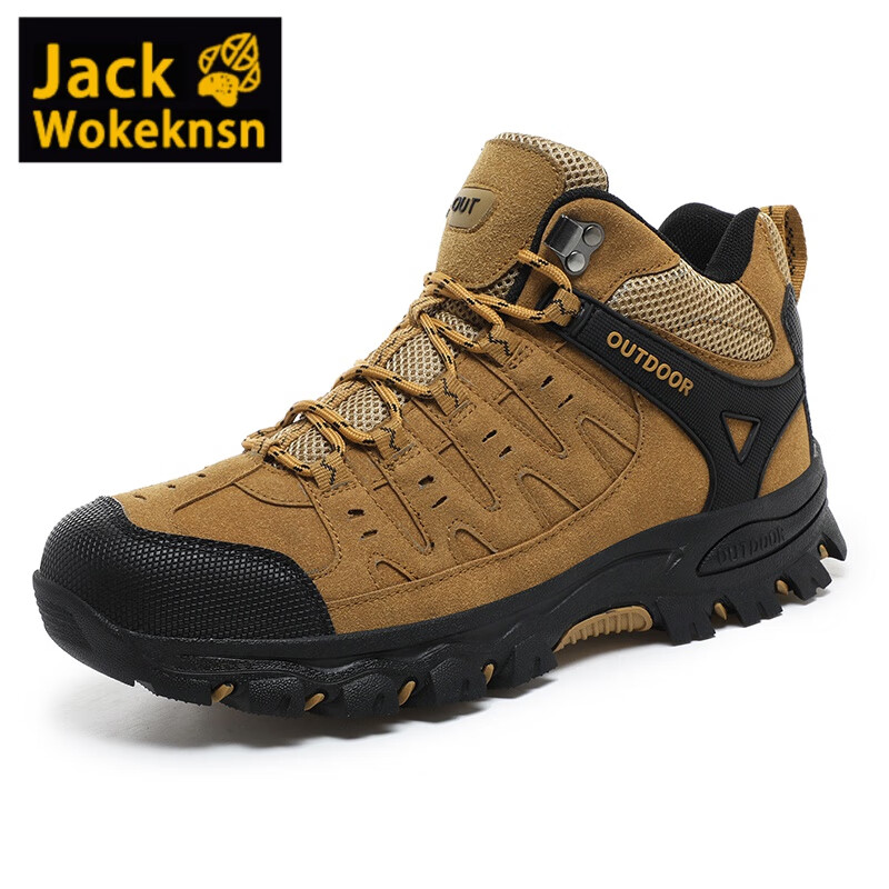 JACK WOKEKNSN狼爪云登山鞋男24新款秋季大码防滑户外徒步鞋46男士防水中帮爬山 卡其 41