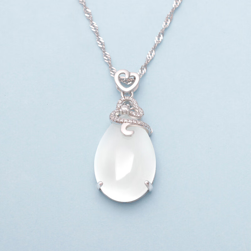 琅麦925足银自然和田白玉吊坠女款水滴玉石项链水波纹链送妈妈礼物