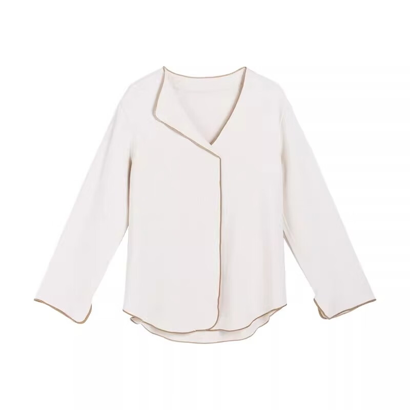 内茵带胸垫睡衣女春秋款长袖宽松休闲可外穿防凸点大码家居服套装薄款 奶茶白（上衣） 均码 XLXXL (体重120-140斤)