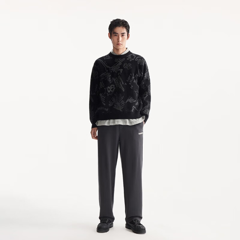 杰克·琼斯(JACK&JONES)男装25年秋冬季毛衣男士雪尼尔亲肤宽松休闲满印针织提花打底衫 E43纯黑色 M (175)