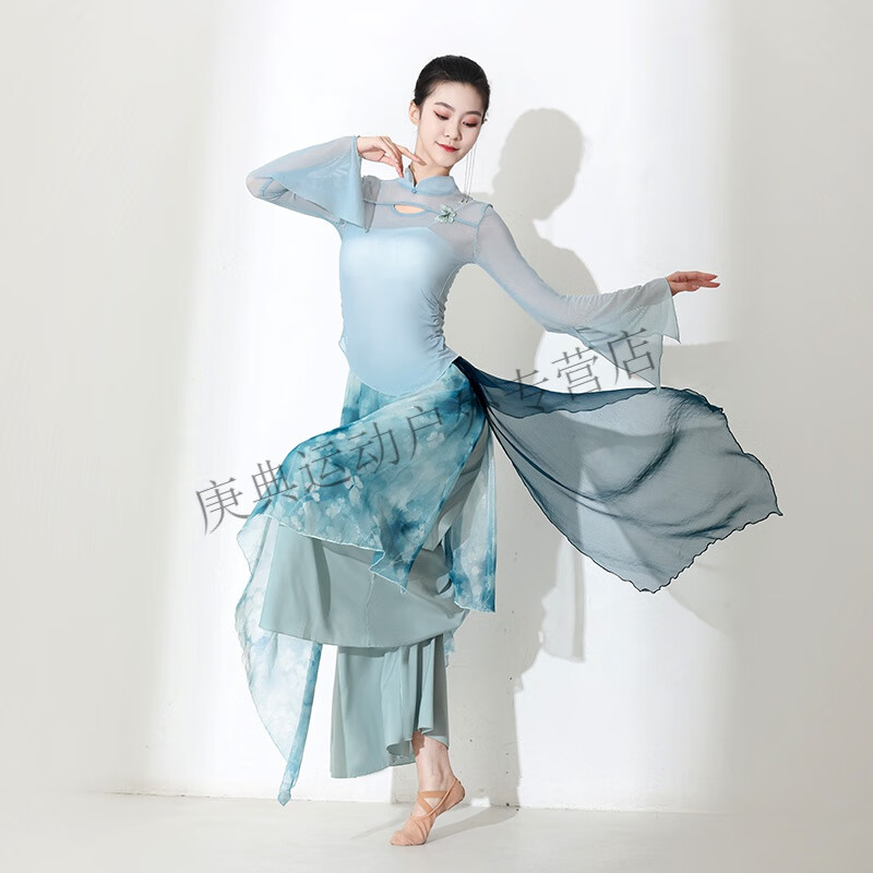 炫逐古典舞练功服身韵纱衣舞蹈演出服网眼套装中国舞飘逸民族形体服装 套装 星辰蓝 S
