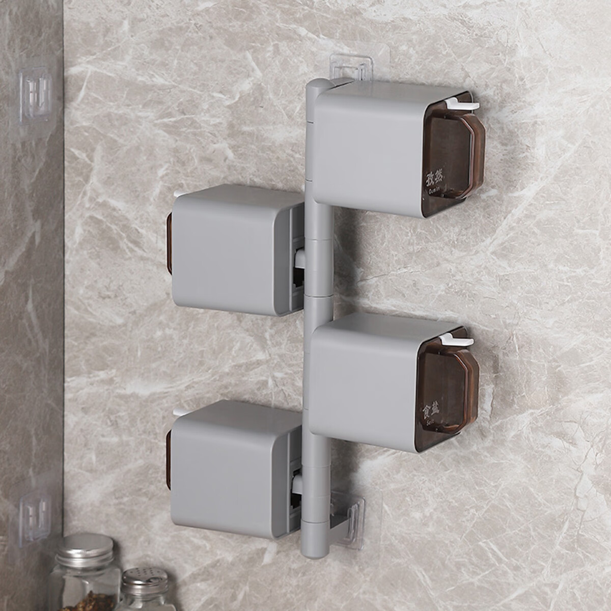 创建厨房旋转调料盒组合套装壁挂式调料瓶收纳盒置物架免打孔 （旋转式）灰色4格