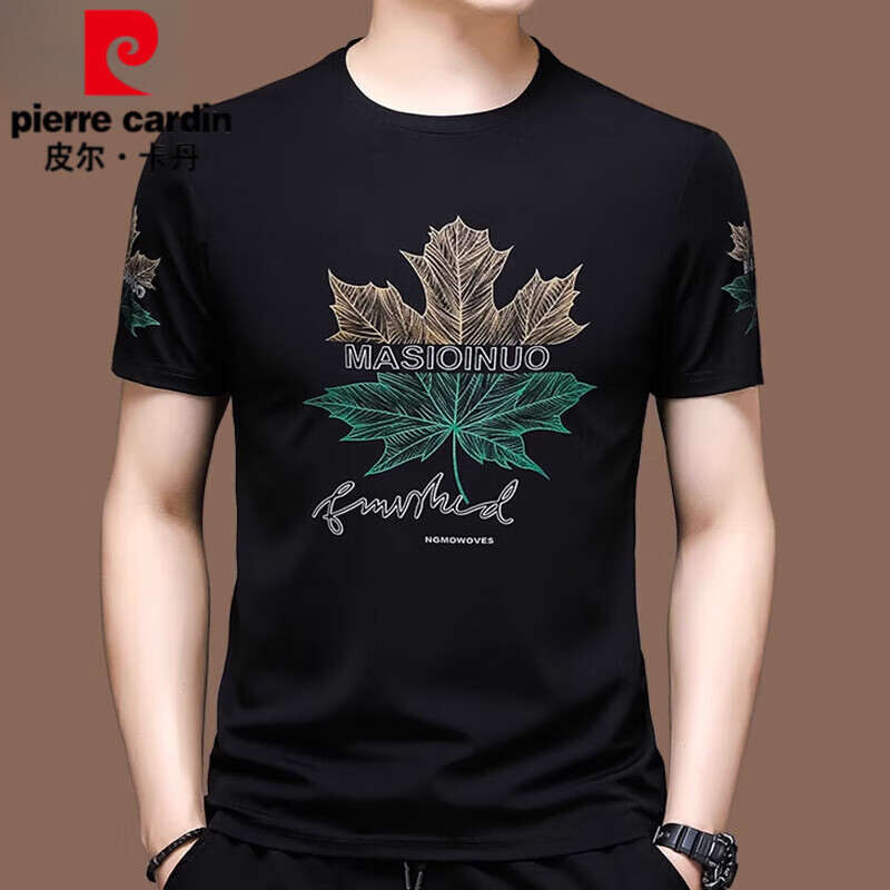 皮尔卡丹（pierre cardin）夏季宽松冰丝短袖t恤男休闲夏装薄款圆领半袖体恤上衣男 623黑色短 袖 180/2XL推荐155-170斤