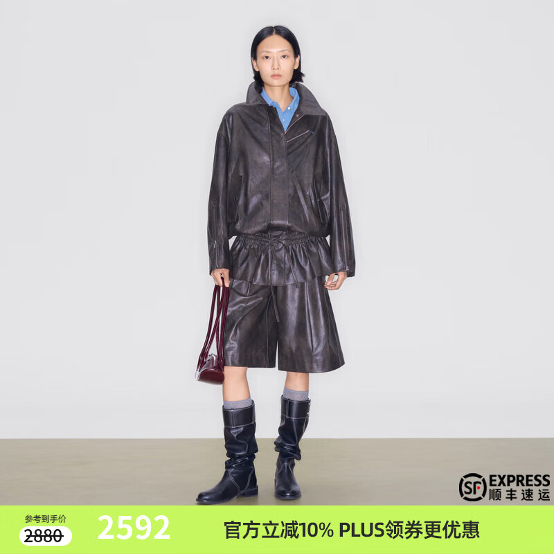 lost in echo2025早秋新款时髦复古机车风个性抽绳宽松皮夹克外套 褐色 M