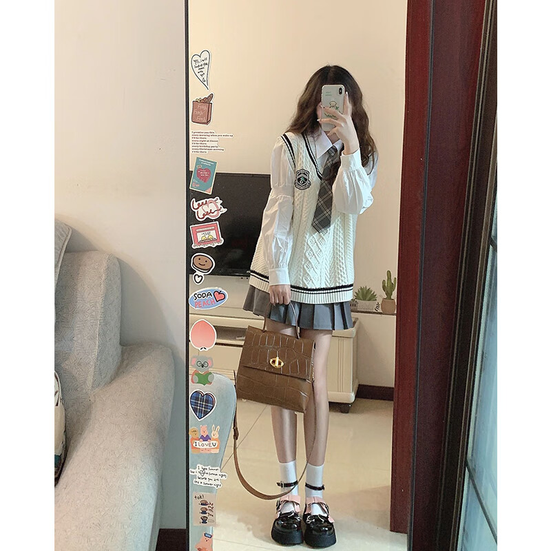 美少女淑女装青少年网红学院风小个子jk制服毛衣马甲衬衫搭配百褶裙两件套装女秋冬季 针织马甲+白色衬衣（领带）+百褶半身裙 M【设计感小众/网红减龄港风/俏皮活泼/时髦/女神怎么看?