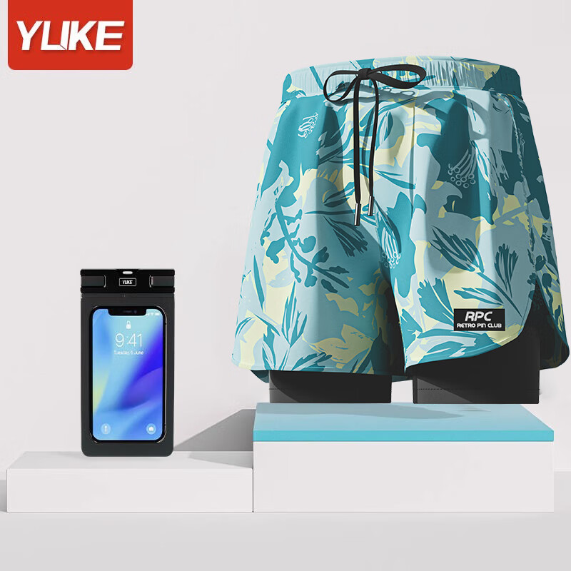 羽克游泳裤男士速干大码防尴尬2025新款专业沙滩裤全套泡温泉游泳装备 荧绿印花+防水手机袋 3XL 【建议体重145-165斤】