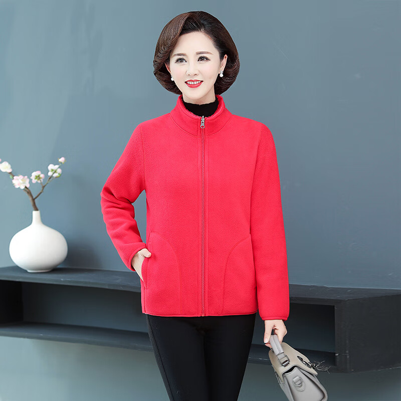 豹迹（BAOJEE）抓绒衣女双面穿加绒加厚妈妈装秋冬摇粒绒中年女装户外保暖外套 大红 XL(90-110斤)