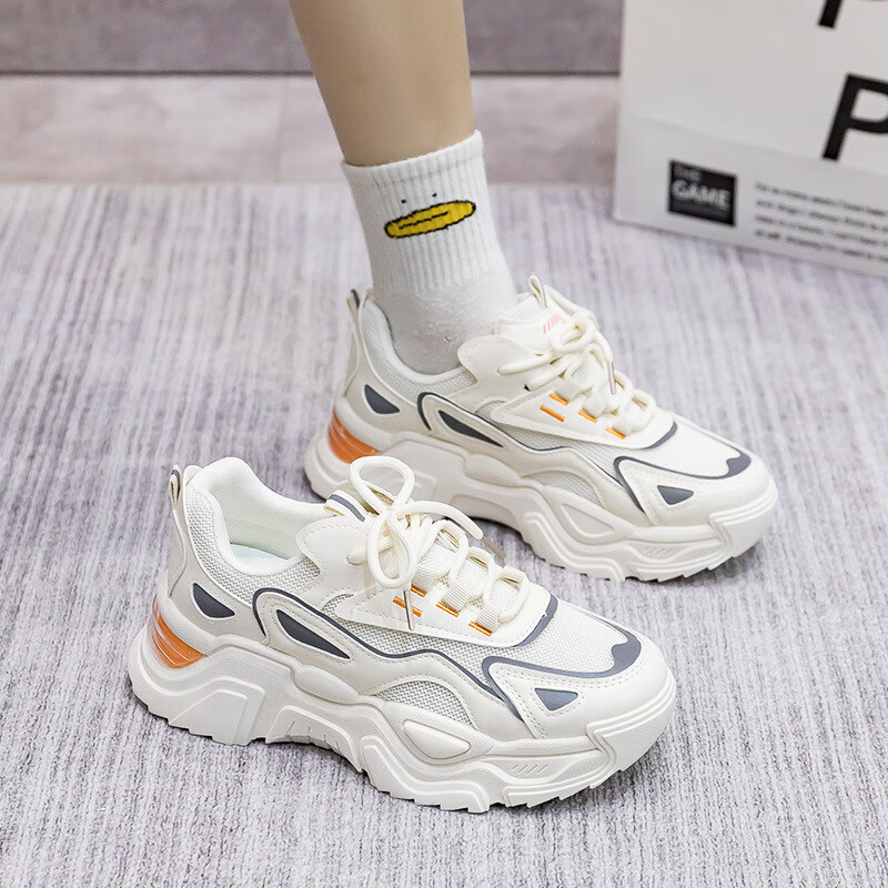 鞋女2024秋季新款韩版双网透气百搭厚底运动休闲跑步鞋子805 米白色