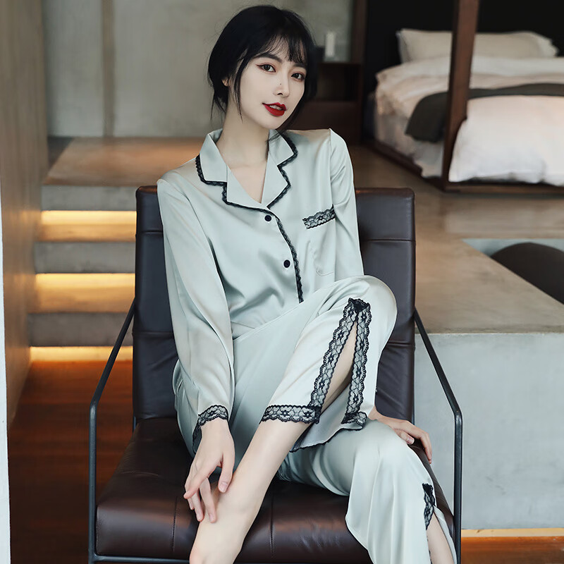珍韵缘冰丝睡衣女2025新款春秋夏薄款性感长袖秋款可外穿高级感家居服 2104黑色蕾丝花边套装淡绿 M