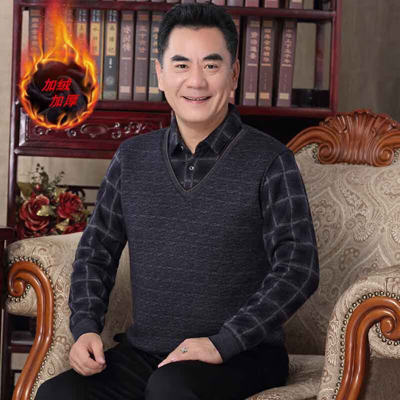 凯逸弗（kainifu）中老年男士加绒加厚假两件毛衣爸爸装打底保暖衣中年男冬装针织衫 230加厚-灰色 加绒 165/M