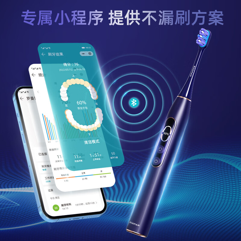 罗曼(ROAMAN) 电动牙刷全自动成人情侣男女智能声波牙刷X70智能APP双屏联动不漏刷六轴陀螺仪生日节日礼物 深空蓝【APP双屏联动 智能齿面识别】