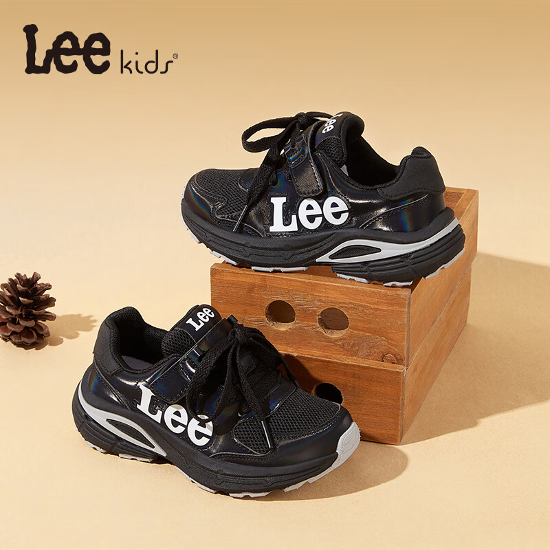 Lee童鞋秋季儿童运动鞋户外网面老爹鞋男女童透气跑步鞋中大童 黑色 33 【建议脚长203-208mm】
