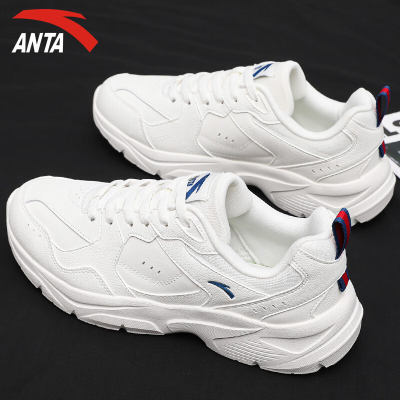 安踏（ANTA）破茧男鞋运动鞋子男款秋冬季皮面防泼水跑步鞋轻便减震耐磨休闲鞋 象牙白/碧城蓝/优雅红 45 【官方正品】