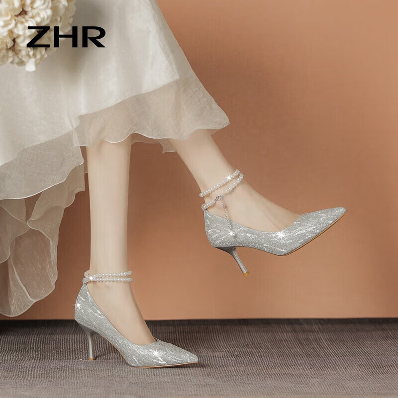ZHR高跟鞋女优雅尖头细跟女鞋高级感珍珠绑带水晶单鞋女 Y765银色 39