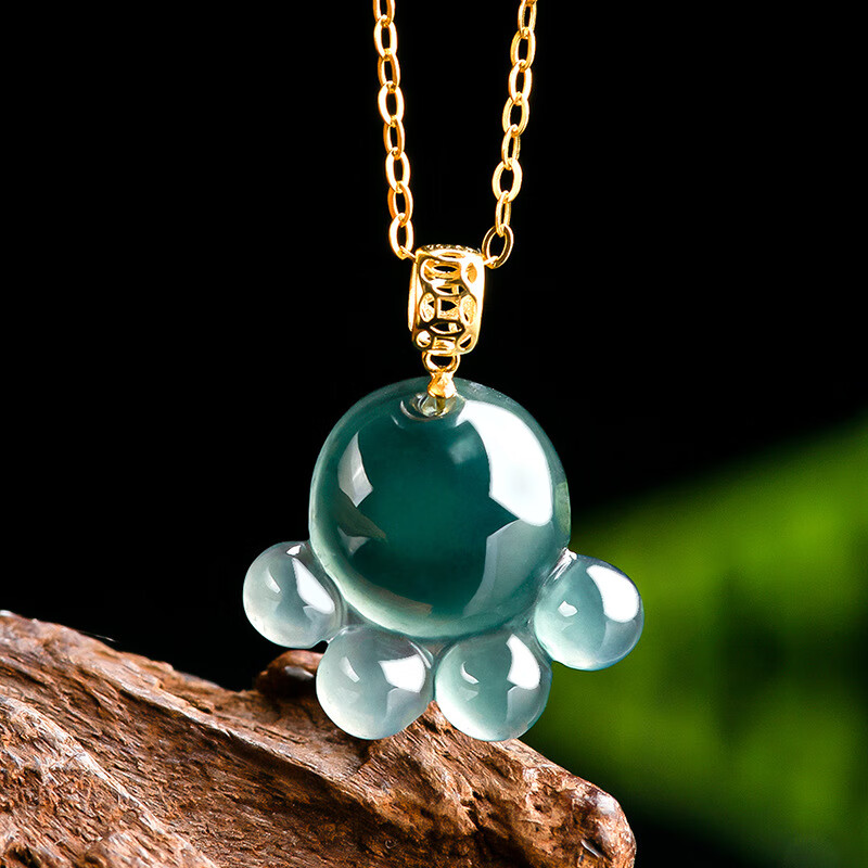 吊坠18k金镶嵌玉石招财挂件玉坠生日女士项链 翡翠蓝水猫爪(附证书)