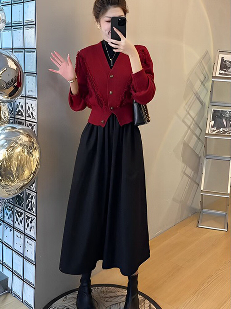 AEMAPE安可拉红连衣裙女2025春秋冬装一整套穿搭本命年红色上衣女装裙子 MX-A246_套装 L 建议100-120斤