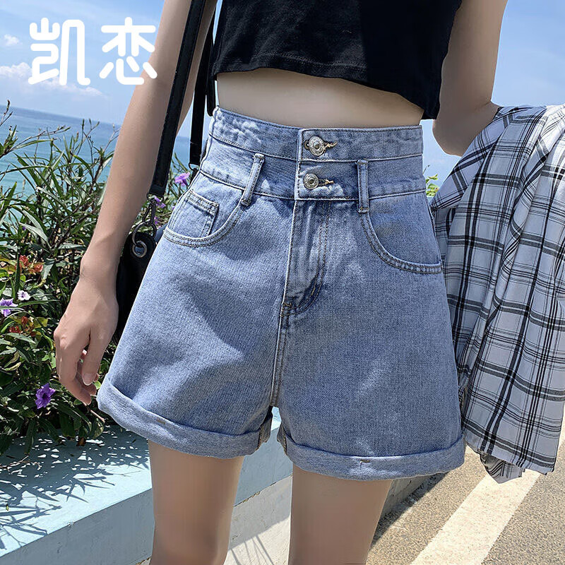 凱戀卷邊牛仔短褲女高腰顯瘦寬松雙排扣A字百搭闊腿熱褲P5K08 藍(lán)色 M