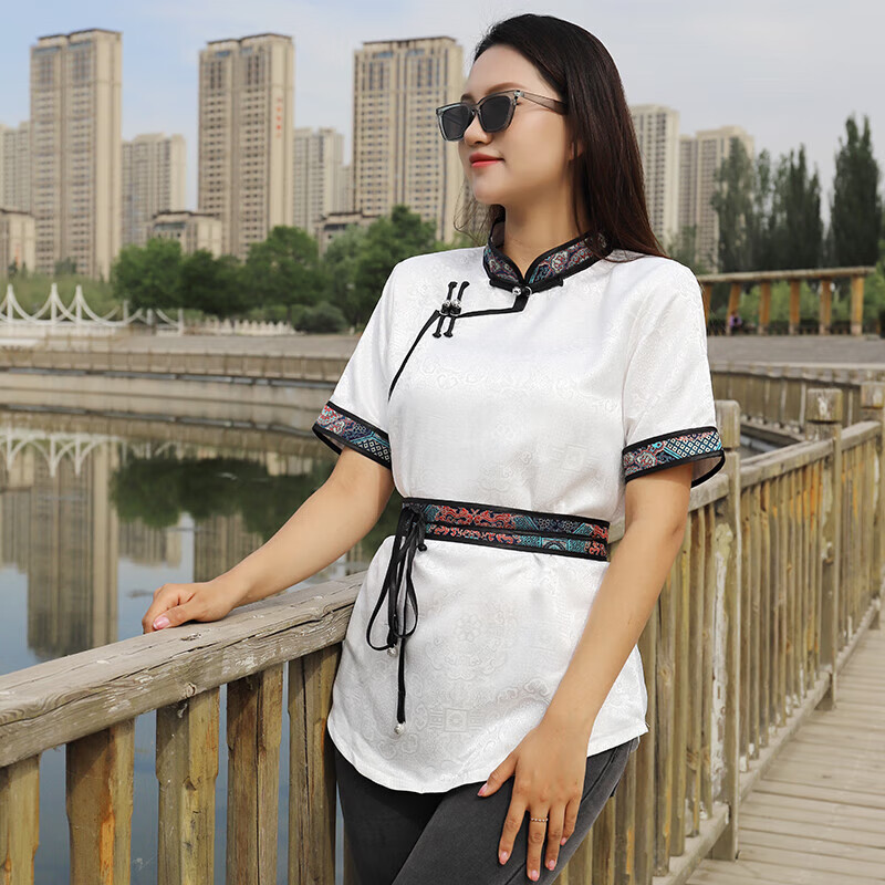 族服装女装生活装蒙古春夏打底衬衫半袖民族风短袖蒙古袍上衣 白色 s