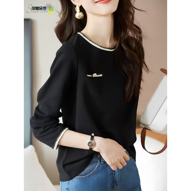 莎妮朵罗大码女装T恤女宽松胖mm秋冬款显瘦小香风微胖遮肚上衣打底衫20529 黑色 3XL 建议130-150斤穿着