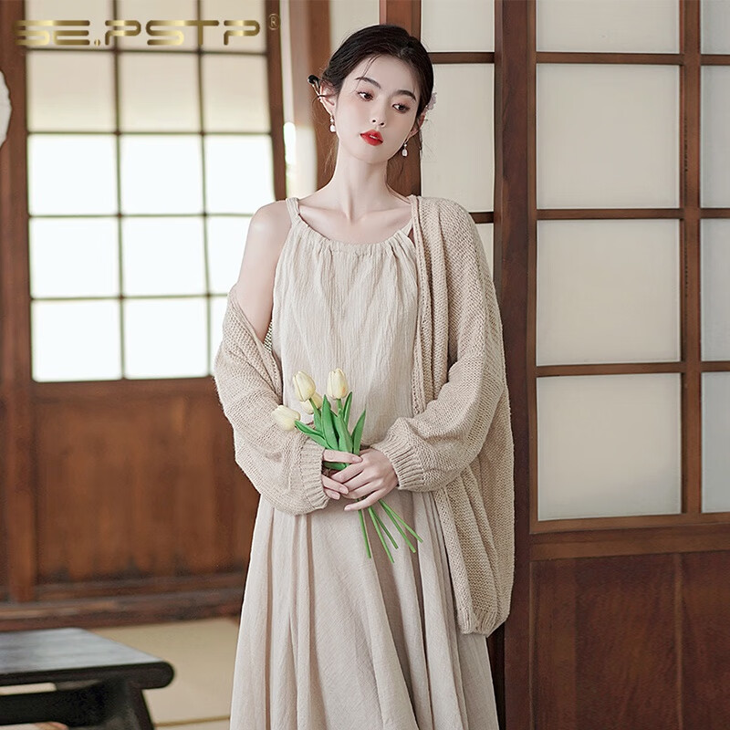 夏典素订女王高端轻奢温柔风中长版大摆棉麻高腰半身裙马海毛开衫中式