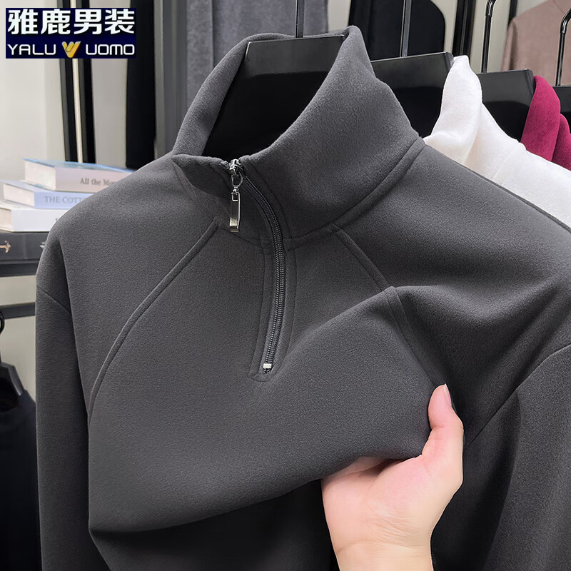 雅鹿男装拉链德绒卫衣男2025年秋季新款商务休闲套头宽松男士上衣 灰色 L (110)（建议120-130斤）