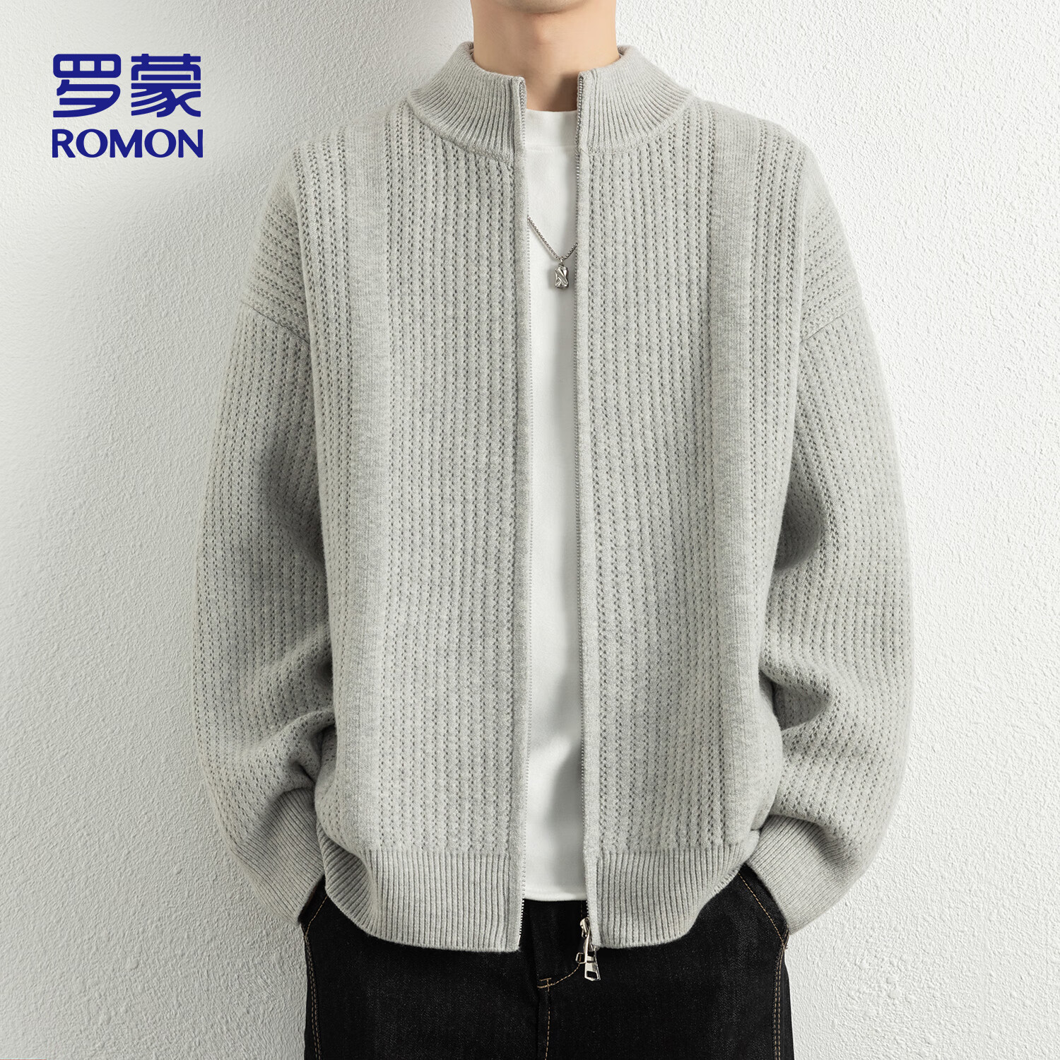 ROMON开衫针织衫男士毛衣秋冬季潮流休闲保暖落肩立领外套男7029雪灰XL
