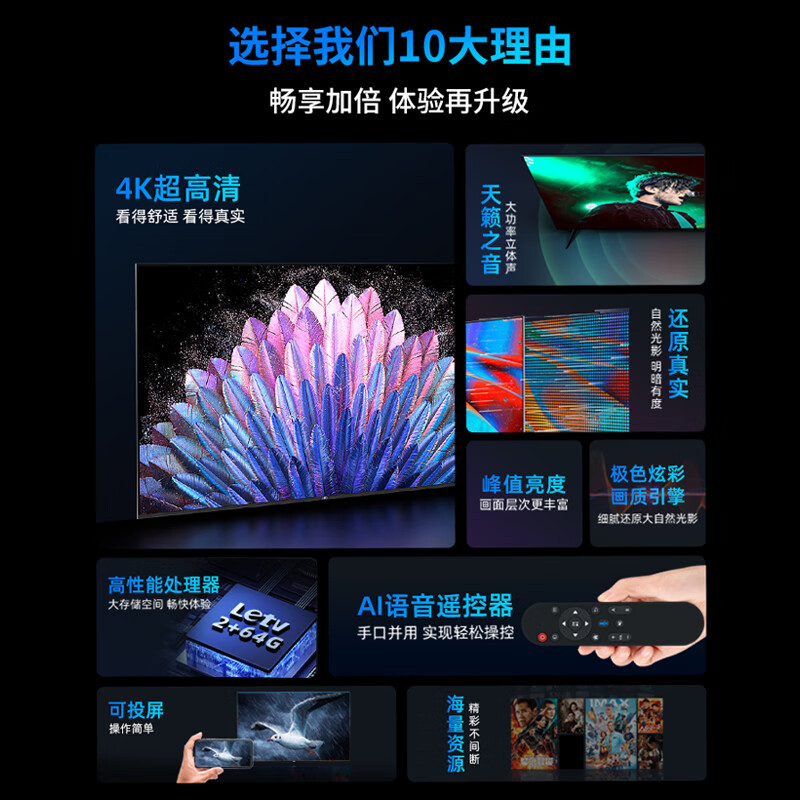 乐视TV（Letv）超级电视机85英寸【电视排行前十名】 液晶4K超高清 智能语音网络投屏 家用酒店KTV监控防爆显示屏 85英寸 2+64GB不含安装 钢化网络版