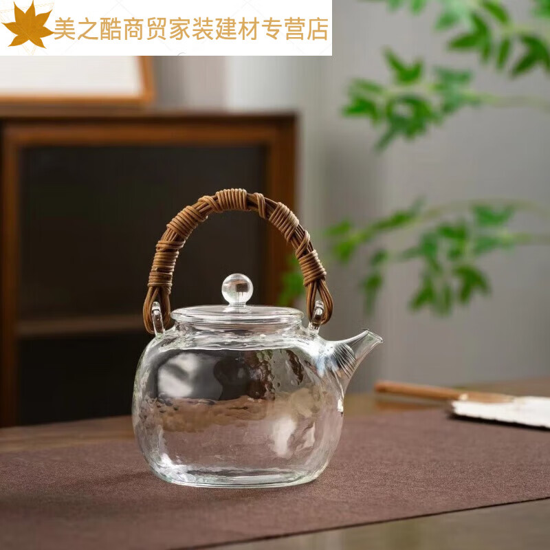 abdt玉见玻璃煮茶壶家用耐热日式锤纹电陶炉煮水烧水壶藤编提梁壶 日