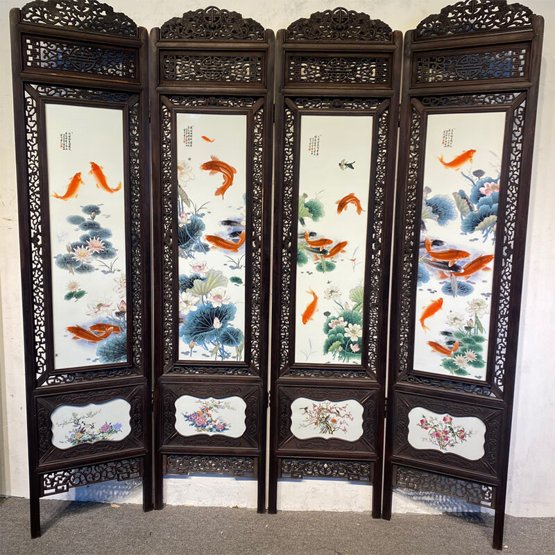 工艺古典家具 瓷板画邓碧珊作品红木镶瓷板画粉彩连年有余四折落地