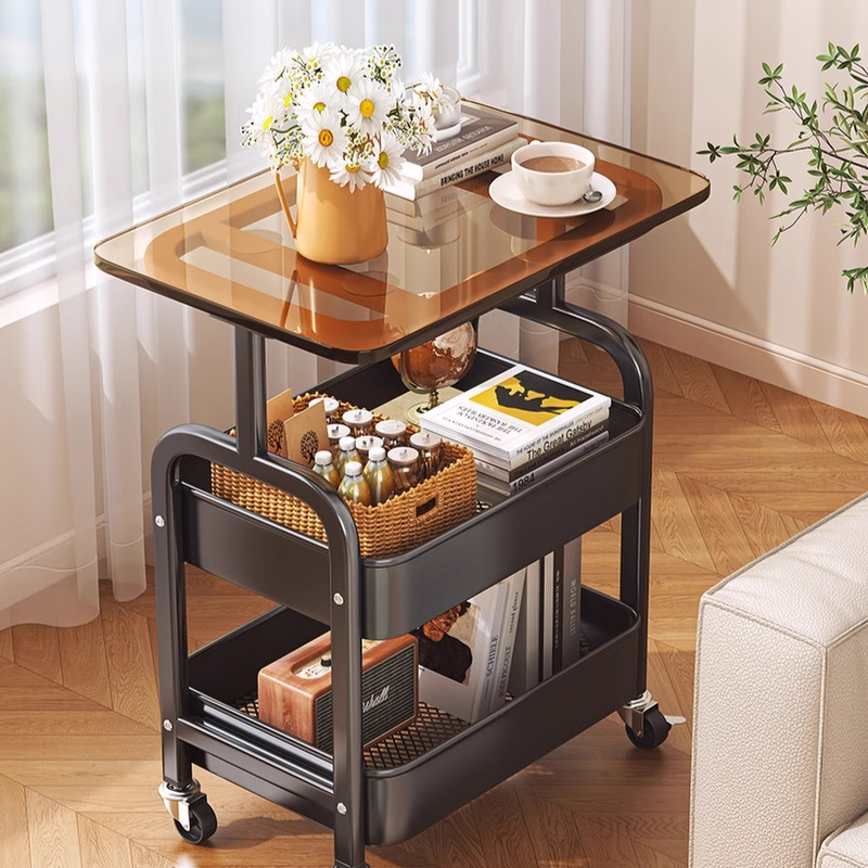 衣炫中古小推车置物架可移动沙发边几收纳柜架子床边桌子零食落地床头 三层黑色【加厚木板】顶部置物+万向轮
