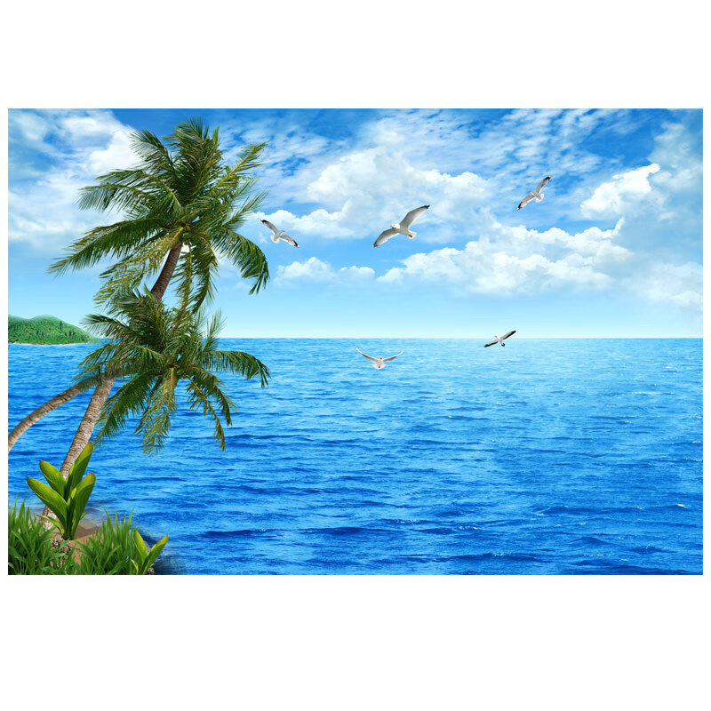 蓝天风景画大海海景蓝天白云海鸥椰树风景画客厅电视背景墙海 山水画
