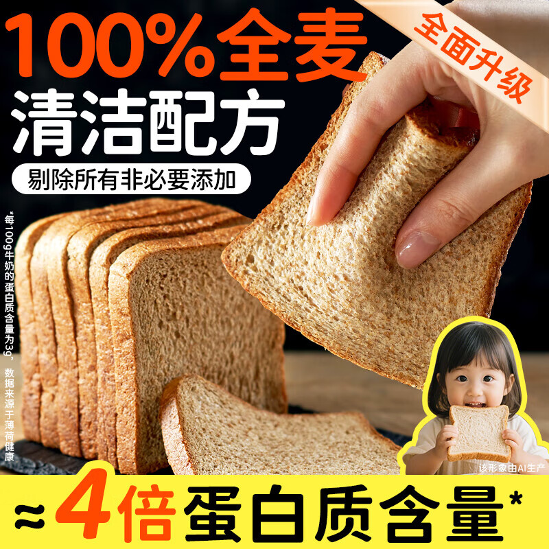 田园主义全麦面 面包吐司片早餐速食无糖精减低0代餐肥卡脂碳主食品 [1斤装20片]原味吐司1箱 500g1000g