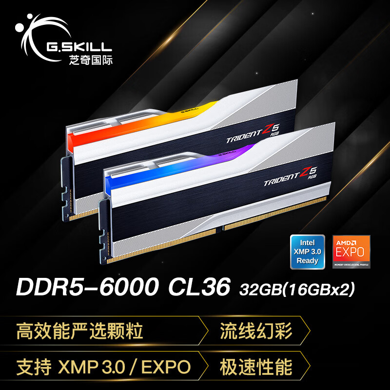 G.SKILL芝奇（G.SKILL）32GB(16Gx2)套装 DDR5 6000频率 台式机内存条-幻锋戟RGB灯条(科技银)/C36