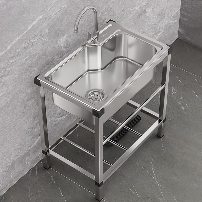 胖东来同款品质代购洗菜盆厨房J加厚简易304不锈钢水槽大单槽双槽 304钢53*38配冷热龙头