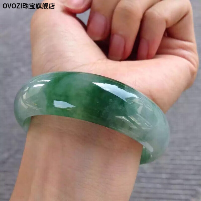 ovozi翡翠手镯a货 墨绿缅甸翡翠手镯a货冰种宽版飘绿花厚装翡翠玉