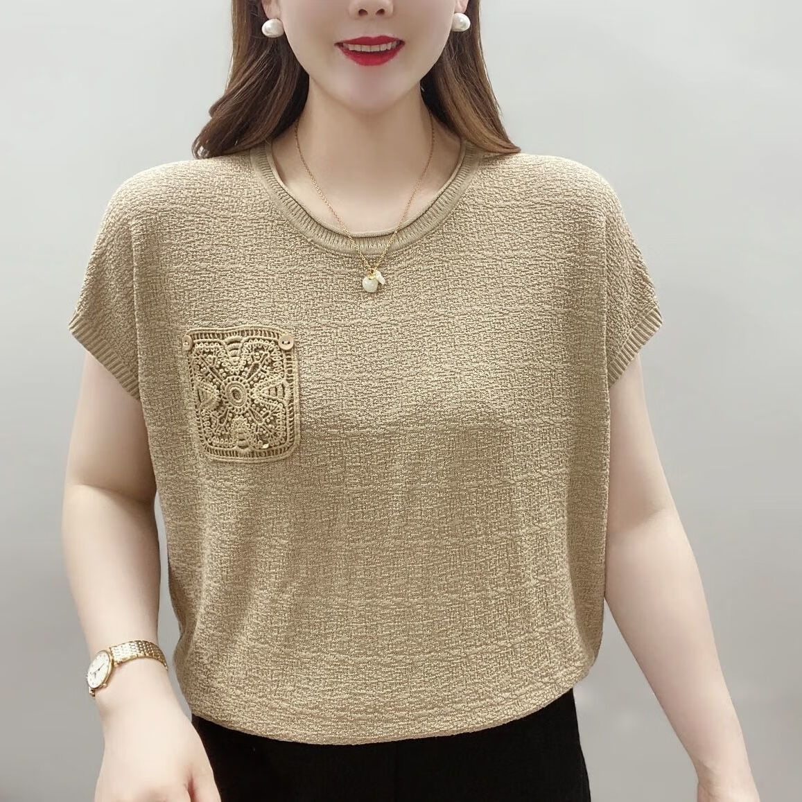 女装妈妈40-50岁高档时尚休闲短袖纯色t恤女2024夏季新款宽松 卡其色