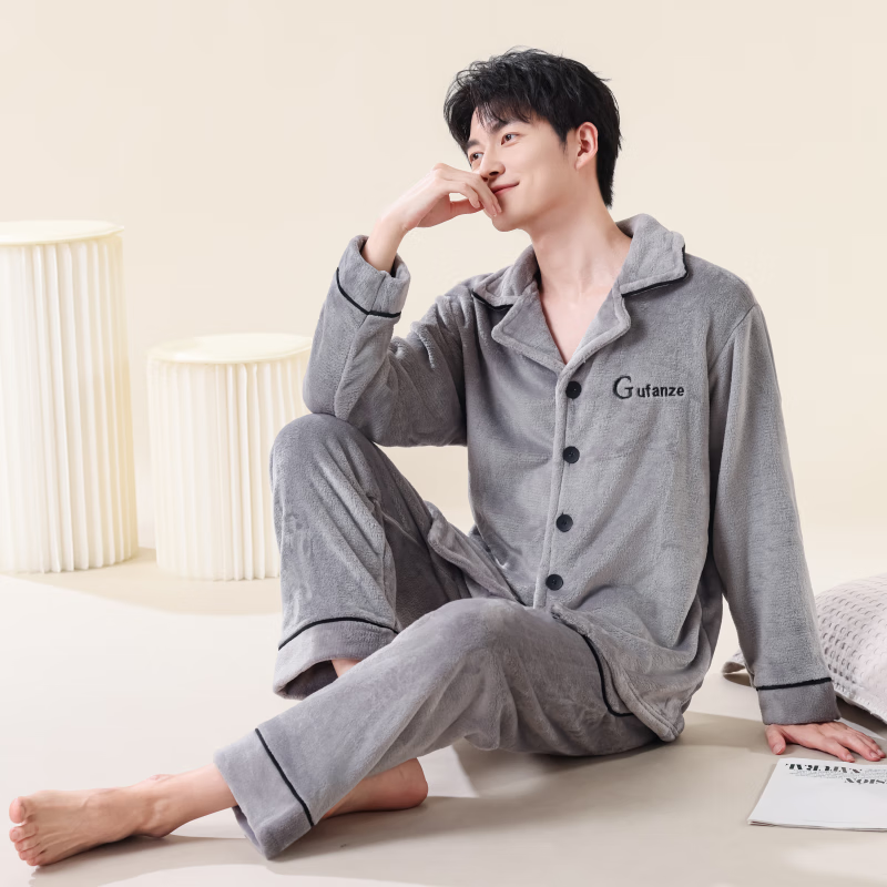 雪中飞珊瑚绒睡衣男秋冬季加绒加厚2025年新款男士法兰绒家居服套装保暖 NSCBF-时空浅灰 XL 【宽松版型建议135-155斤】