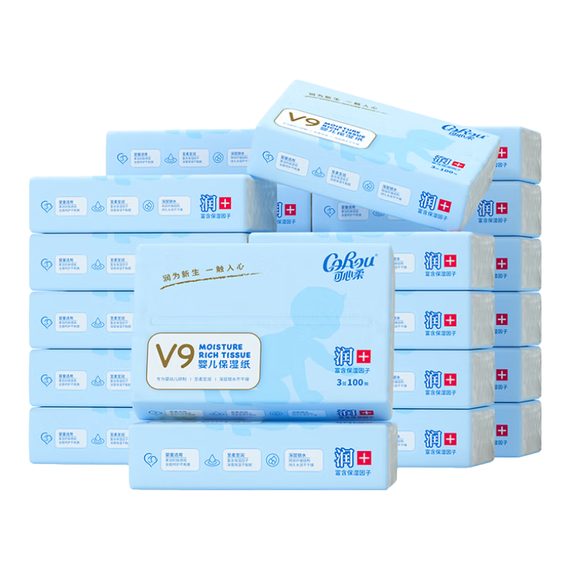 可心柔（COROU）V9婴儿柔润保湿纸巾3层100抽24包（12包/箱*2箱）整箱装