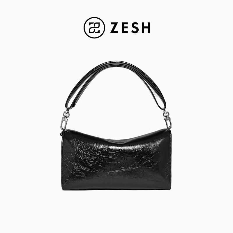 ZESH/泽尚 游云中号单肩牛皮腋下包 通勤大容量手拎包女七夕礼物 黑色