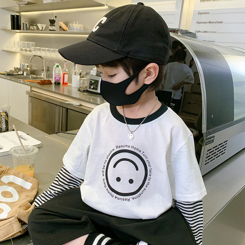 尺帛  儿童t恤男童长袖t恤春装2024新款儿童 白色笑脸棉 90正码正拍