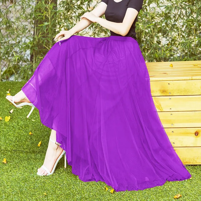 度高密度网纱玫红色大摆裙三层显瘦纱裙广场舞a字长裙高档洋气 紫色 s