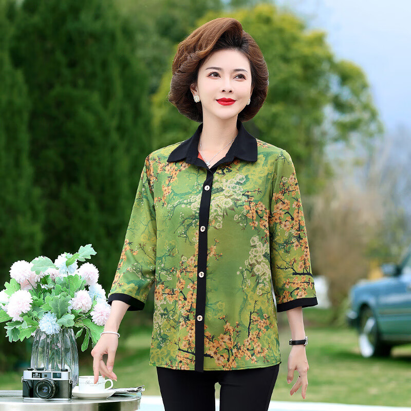 夏装衬衫60岁70老太太洋气翻领衬衣套装老人衣服女妈妈装轻薄 绿色 xl
