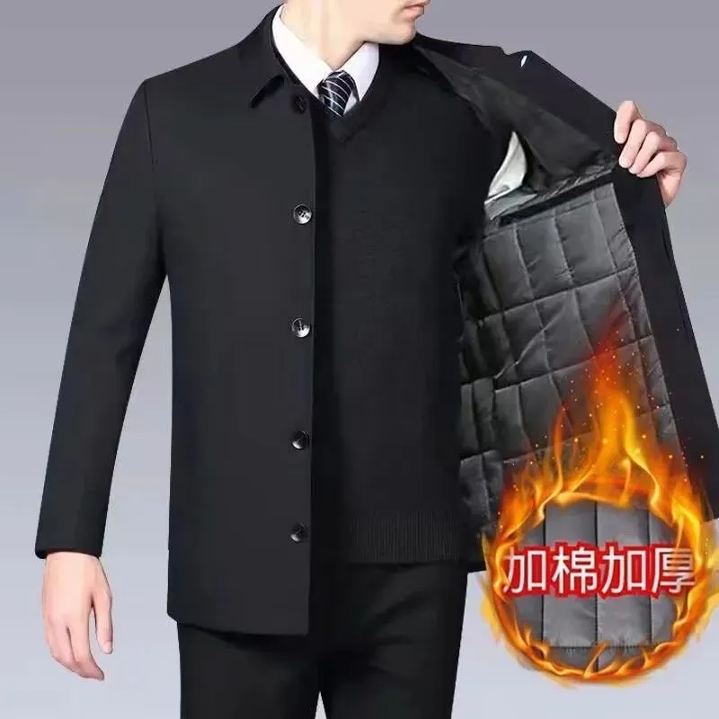 【秋冬爆款】爸爸装翻领男士保暖加绒夹克保暖夹棉夹克dk 纽扣款【黑色】加棉 4XL 建议(160-180斤)