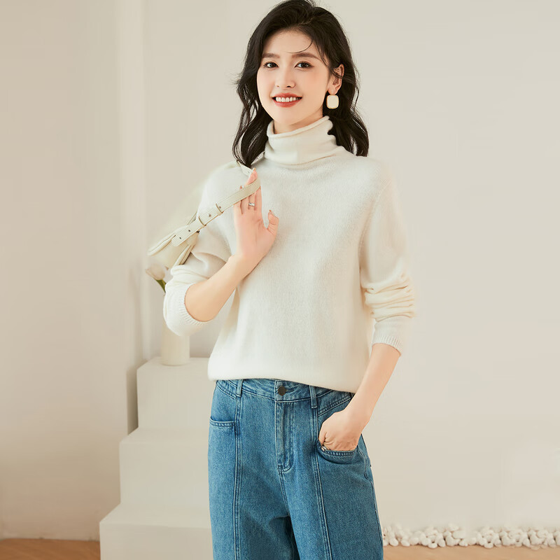 金菊【100%绵羊毛】秋冬高领堆堆领长袖打底毛衣女式羊毛衫 白色 M 